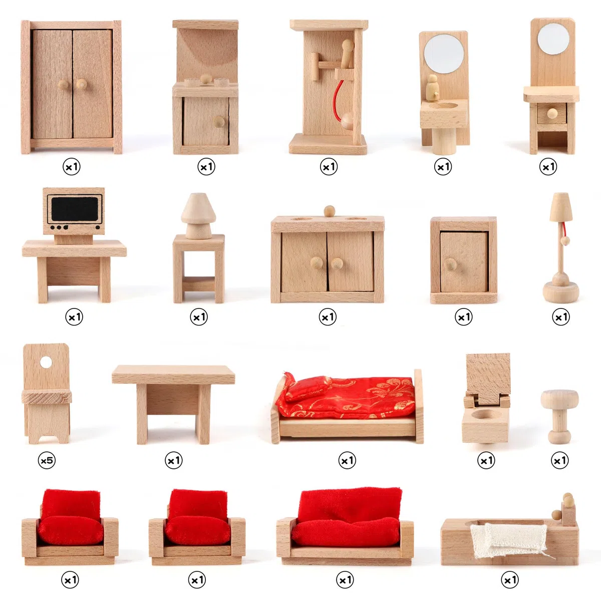 5 Set di accessori per mobili per casa delle bambole con una famiglia di 6 bambole Decorazione Giochi di finzione per ragazze e ragazzi, in Legno