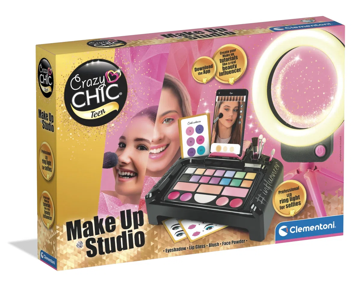 Clementoni Crazy Chic - Make-up Studio, Trousse Trucco Lavabile per Bambine di 8+ Anni, Set Completo con Cosmetici e Pennelli Professionali, Gioco Creativo e Idea Regalo, 18744