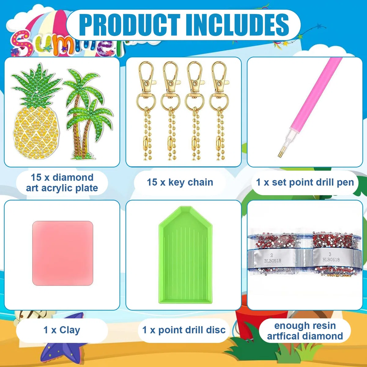 15 Pezzi Doppio Lato Diamante Portachiavi Kit Stili Hawaiani Estiva Diamond Painting Portachiavi Keychain per Bambini Adulti Principianti Pittura Diamante Fai da te Mosaico Decorativi Ciondolo Regali