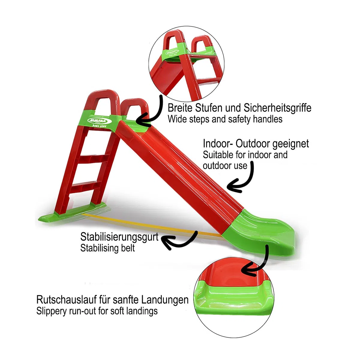 Jamara 460501 - Scivolo Funny Slide, in materiale durevole, con erogazione antiscivolo per atterraggio delicato, gradini ampi e maniglie di sicurezza, colore: Rosso, 145 x 59 x 79 cm
