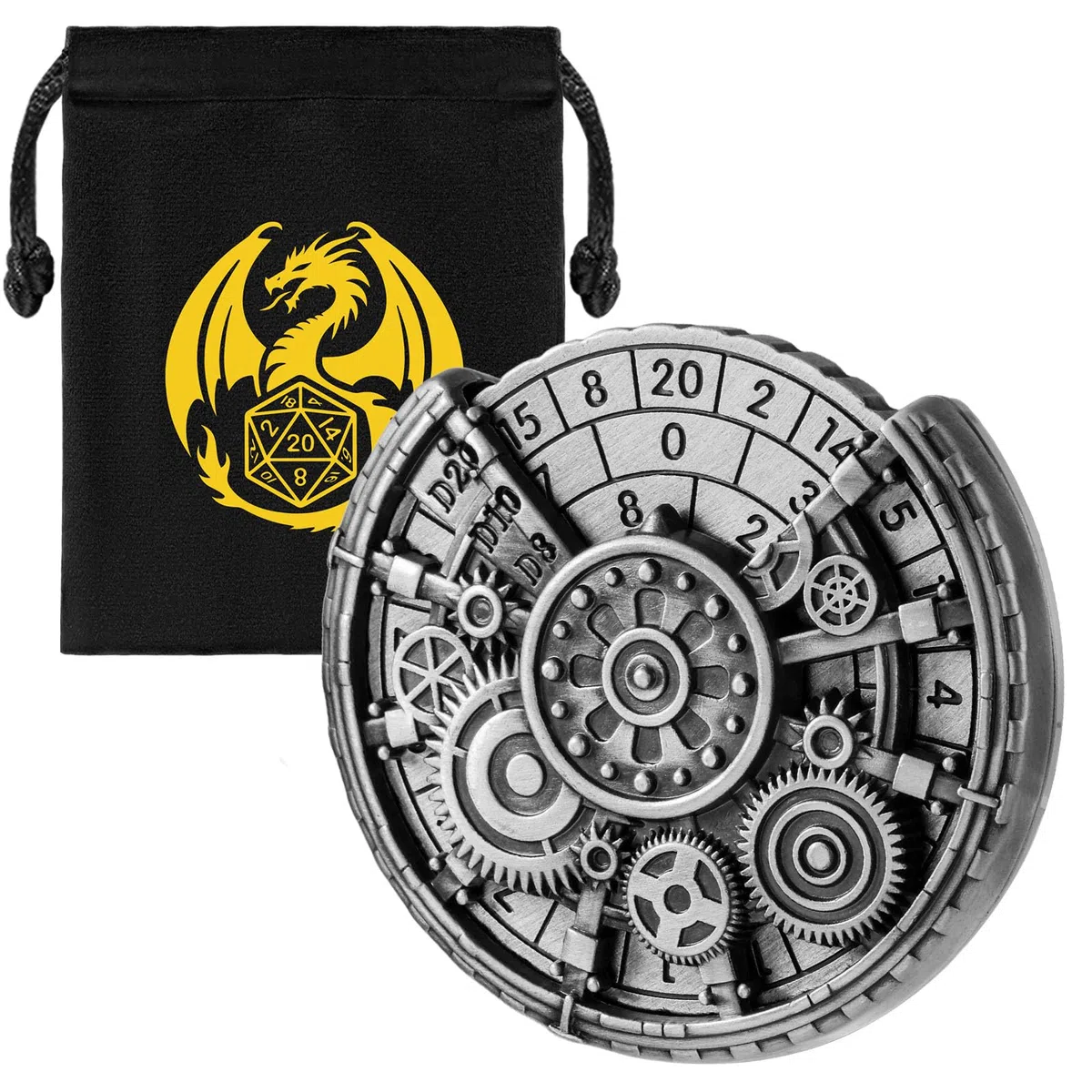 Ingranaggio Cavo DND Ruota Dadi Spinner, 7-in-1 Metallici D&D Spinner di Dadi, Ingranaggio Cavo D&D Roulette, Regali DND, Sacchetto Regalo con Logo Drago, Accessori per Gioco di Ruolo, Argento Scuro