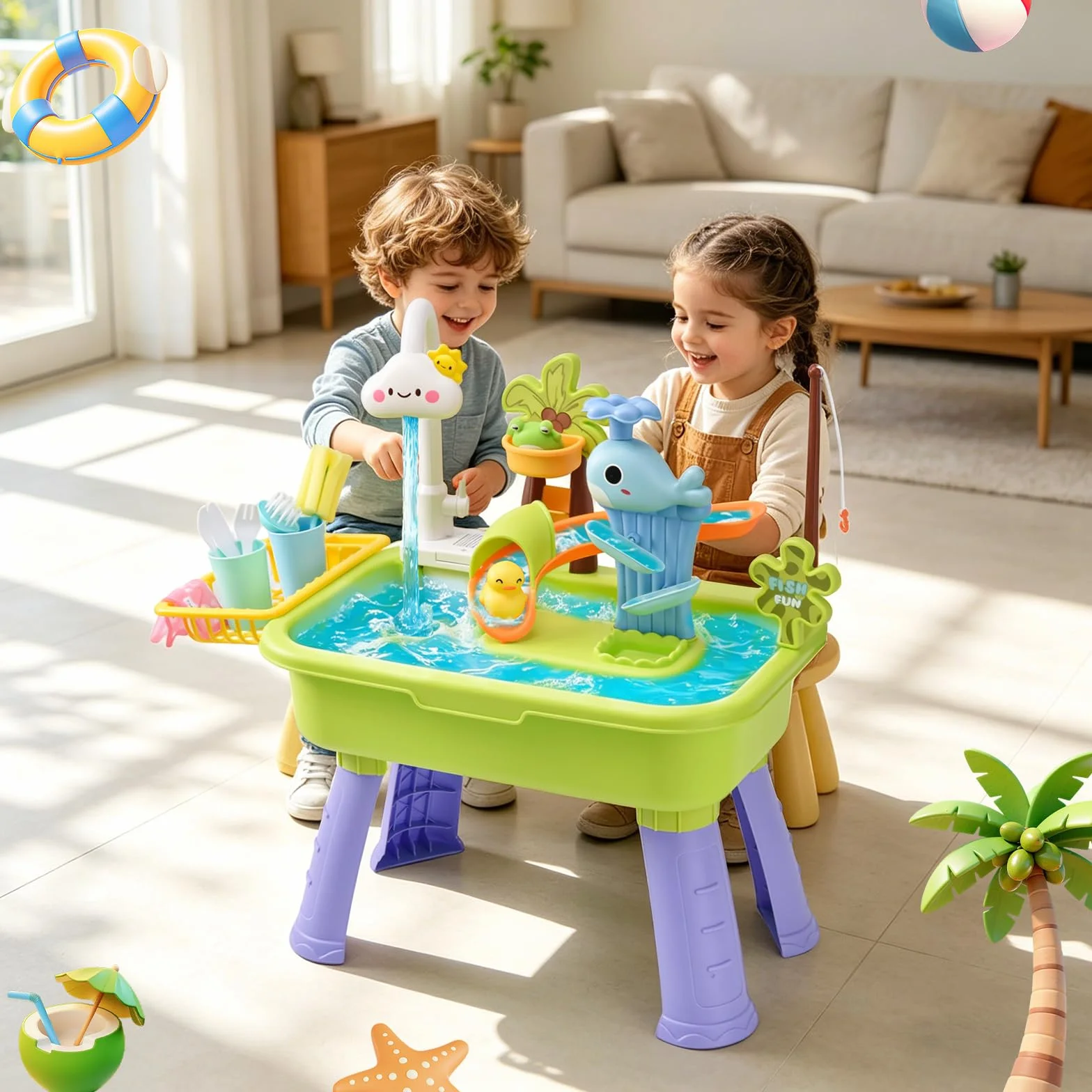 4 in 1 Tavolo Acqua Bambini con Pompa, Lavandino Giocattolo con Acqua Corrente, Gioco di Pesca e Scivolo, Tavolo d’Acqua per Bambini Esterno, Gioco Sensoriale per Bambini da 3 Anni