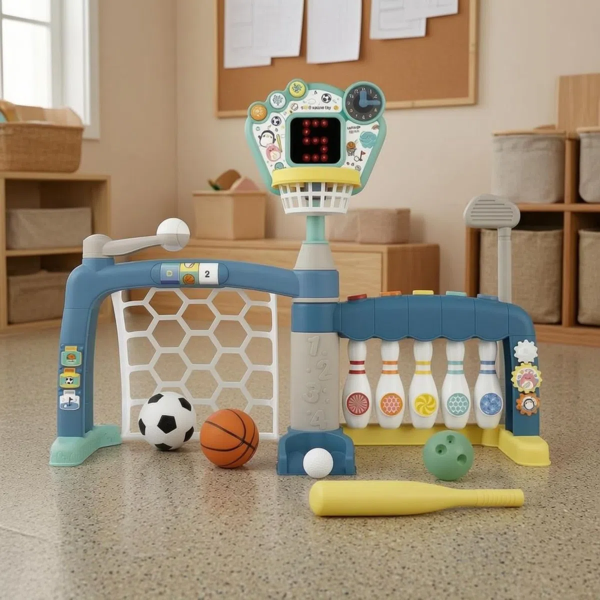 Gioco Sportivo 5 in 1 Multiattività Stazione da Basket e Base di Gioco Stabile Set Bowling Calcio per Bambini