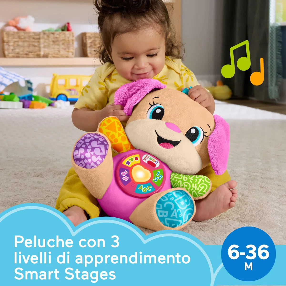 Fisher-Price Giocattolo per l'apprendimento dei Neonati Ridi e Impara Peluche Musicale Sis Smart Stages Rosa; per Bambini dai 6 Mesi in su, multilingue: Italiano, Spagnolo, Portoghese, Inglese, JFD35