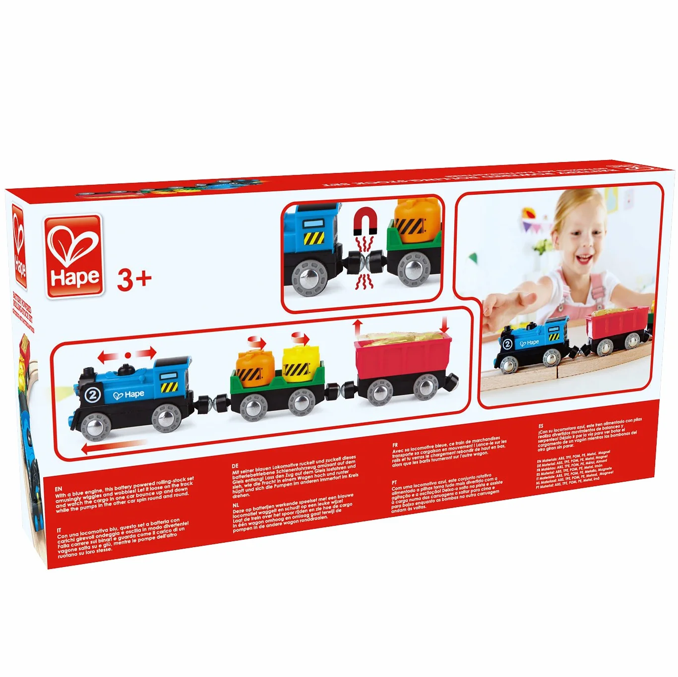 Hape Treno merci a batteria - Locomotiva giocattolo con due vagoni dotati di luci, effetti e giunti magnetici compatibili per gioco a tema ferrovia dai 3 anni