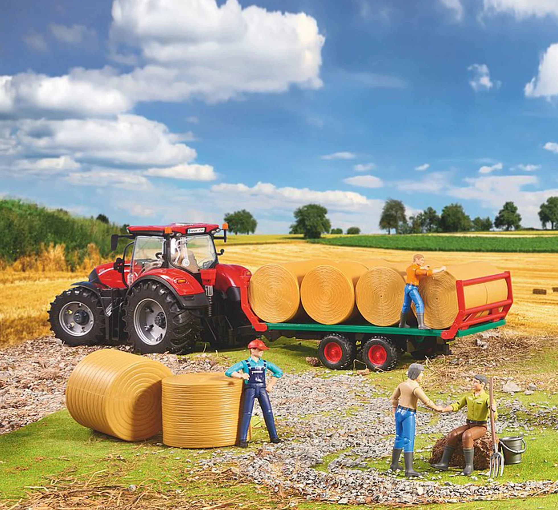 bruder 02220 - Rimorchio per trasporto balle con 8 balle rotonde, carro per balle, azienda agricola, rimorchio per trasporto