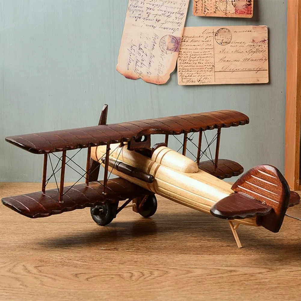 Modello di aereo vintage a vela biplano in miniatura giocattolo per appassionati di aviazione come regalo o da collezione, 35 x 31 x 10 cm