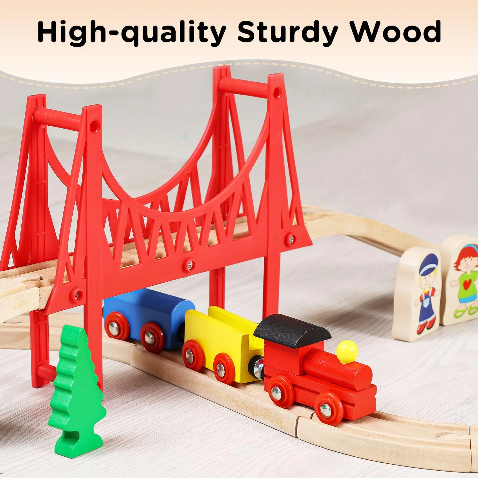 SainSmart Jr. Set di treni in legno per bambini con ponte sospeso, 37 pezzi binari in legno per Brio, Thomas, Melissa e Doug, giocattolo per treni dai 3 ai 5 anni in su