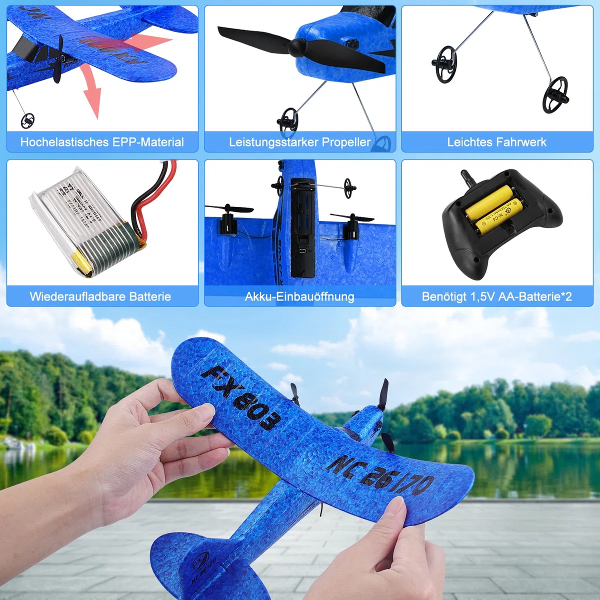 Henakmsl 2CH Aereo Telecomandato FX803, 2,4 GHz Aereo RC Aeroplano Telecomandato con 2 Batterie, Aliante Volante Telecomandato per Adatto a Bambini/Adulti/Principianti, Ricarica USB, Blu