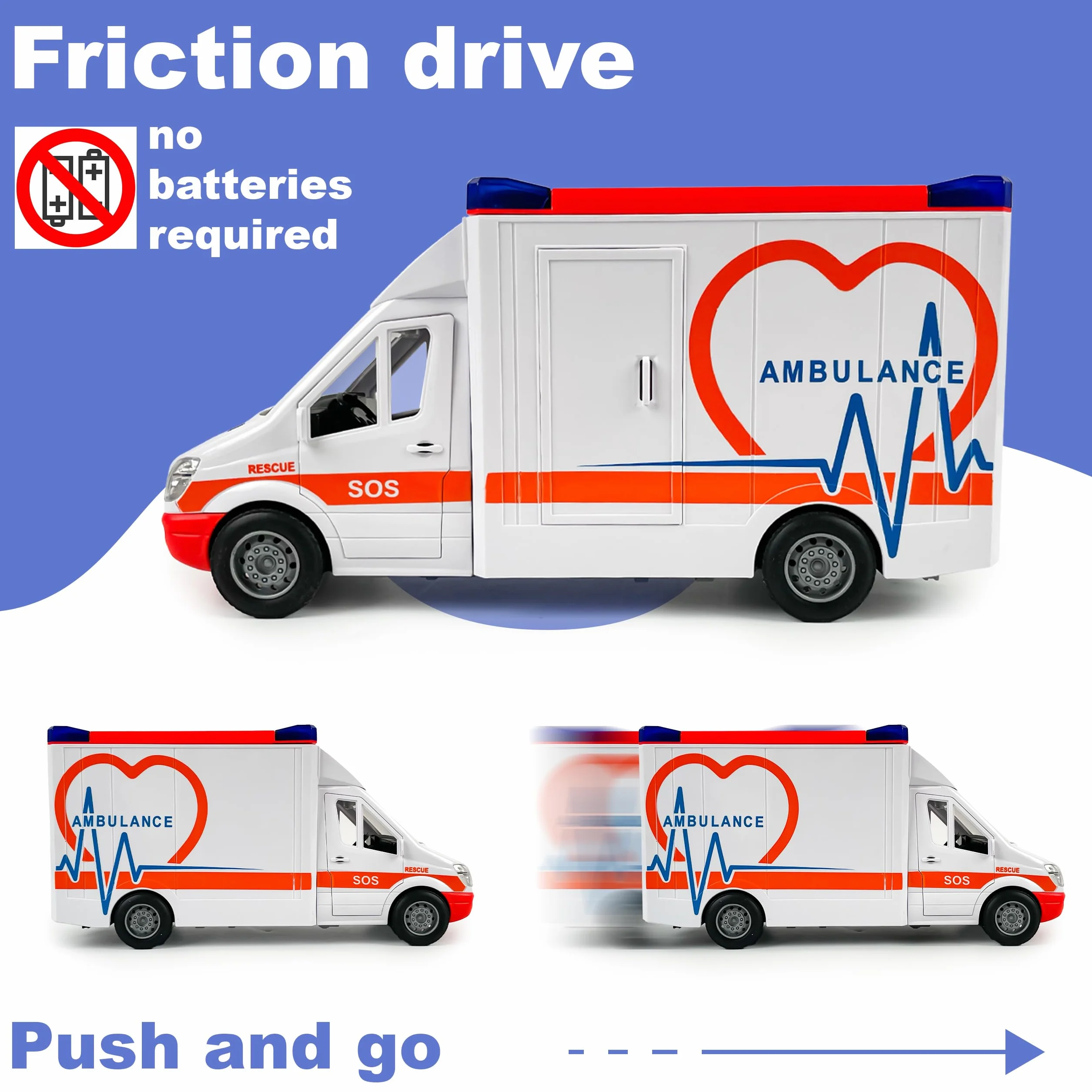 CELMAN Ambulanza giocattolo ambulanza ambulanza con barella, portellone apribile, luce e suono, grande auto giocattolo medico Responder per bambini dai 3 4 5 6 7 8 anni in su