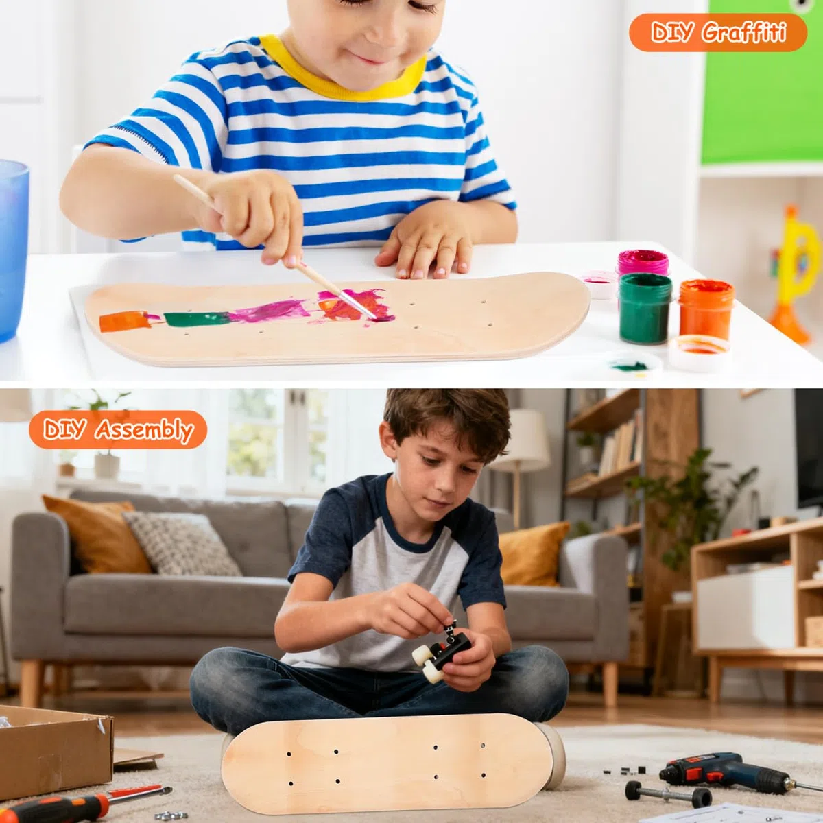 Toyvian Tavola da skateboard vuota in legno d'acero, 42 cm, per bambini, fai da te, con fori preforati, per graffiti personalizzati e facile installazione della ruota