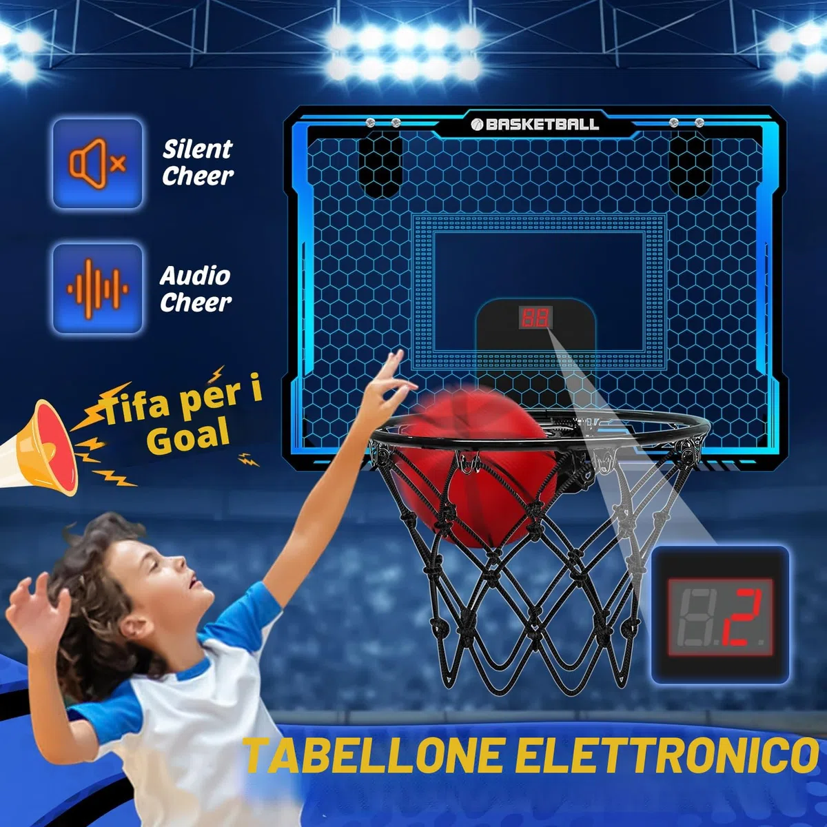 Yimore Canestro Basket da Camera, Mini Canestro Basket per Bambini Giocattoli Sportivi con Punteggio Automatico e 7 Colori LED