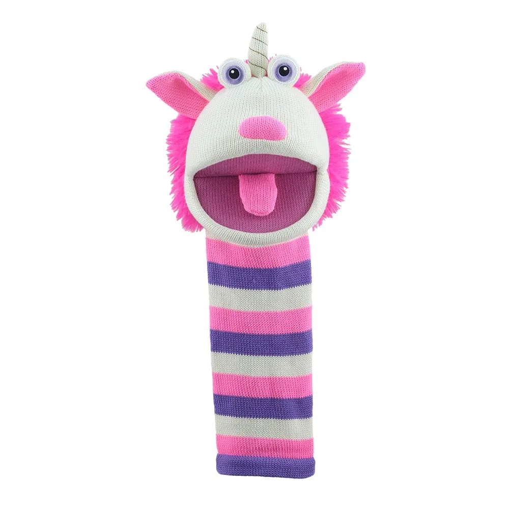 The Puppet Company Twinkle ECO Sockette - Burattino ecologico a forma di unicorno con corno scintillante e design a righe, giocattolo magico interattivo per bambini e adulti, 38 cm