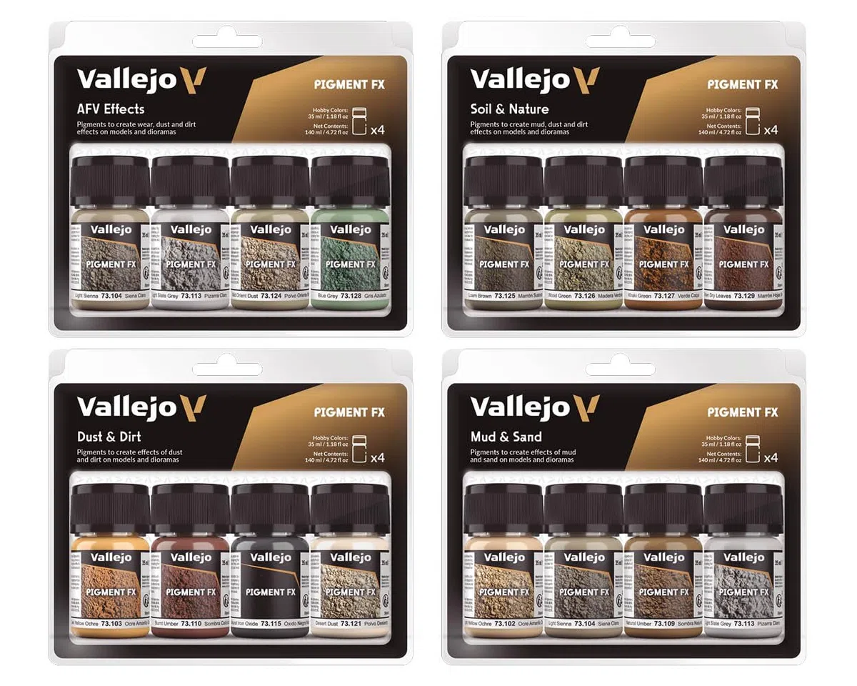 Vallejo Pigment FX Set, Kit di 4 Pigmenti Sintetici da 35 Ml, Ideale per Simulare Polvere e Sucietà in Maquettes e Diorami, Include Tutorial