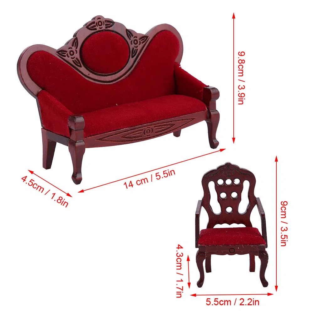 Divano vintage per casa delle bambole e sedie abbinate, un set di divani per casa delle bambole con struttura in legno artigianale per diorami da soggiorno in miniatura