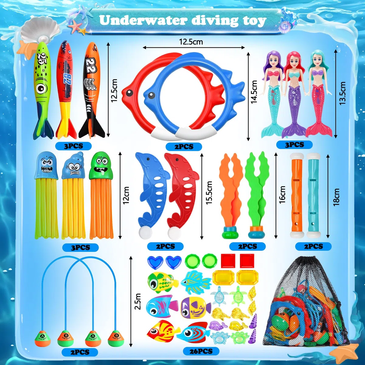 Giochi Immersione Piscina 43 Pezzi,Giochi da Piscina per Bambini,Giocattoli da Immersione Inclusa Bastoncini da Immersione,Tesori dei Pirati e altro,Ideale per Spiaggia Piscina, e Allenamento Nuoto
