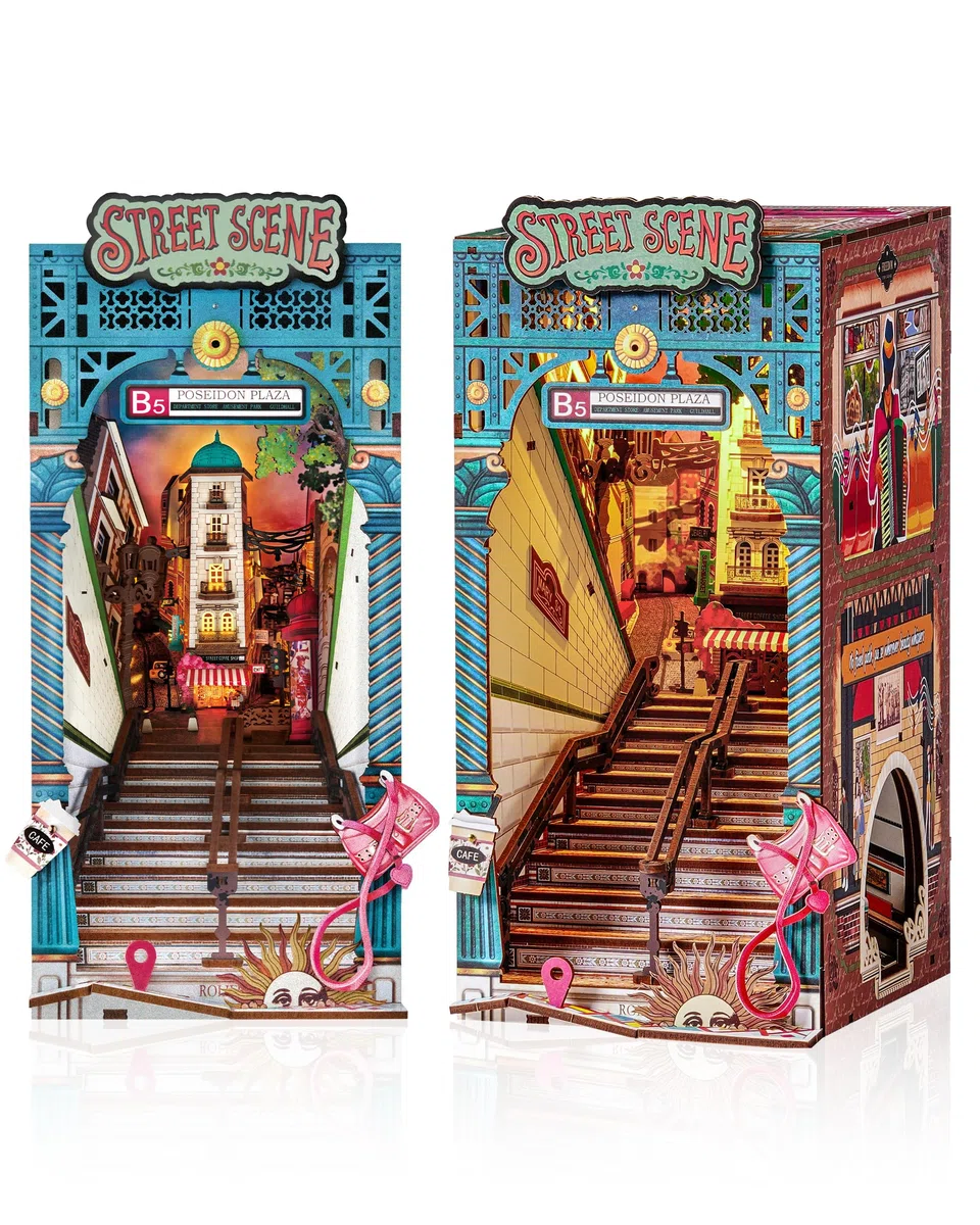 Rolife Book Nook Kit Miniature da Costruire DIY Booknook Street Scene 3d Puzzle Legno con Luci Decorazione Libreria Casa Modellismo da Costruire Adulti Diorama Modellismo