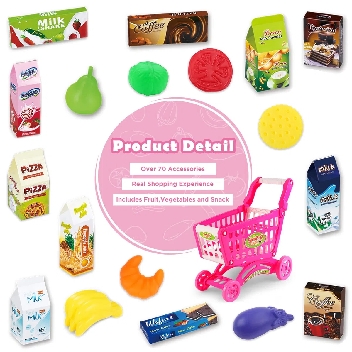 deAO Carrello Spesa Bambini Giocattolo, con più di 78 Accesori Giocattolo per Ragazzi e Ragazze, Rosa