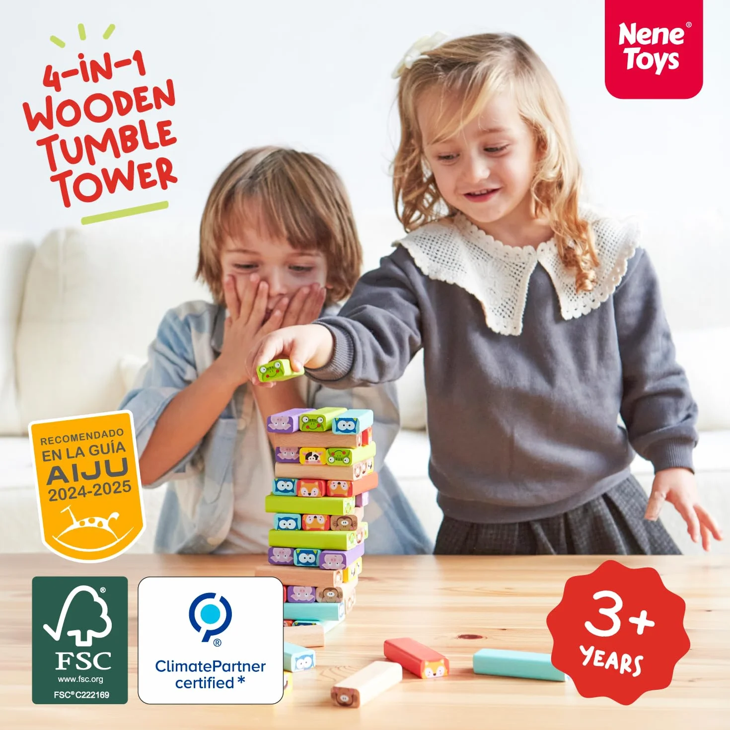 Nene Toys - Torre Magica Colorata in Legno con Animali – Gioco Educativo da Tavolo per Bambini - Gioco Didattico 4 in 1 per Bambini da 3 a 9 anni – Giocattolo Ideale come Regalo per Genitori e Figli