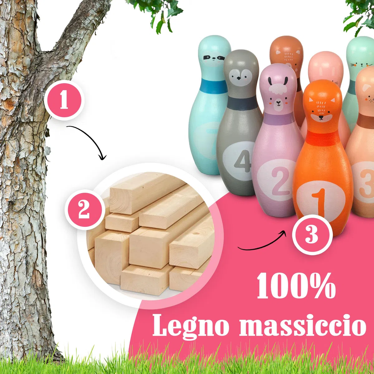 Pink Papaya Birilli Bowling per Bambini | Set da 12 Pezzi per Maschi e Femmine | Giochi in Legno Certificato FSC | Giocattoli da Interno ed Esterno | Giochi Educativi