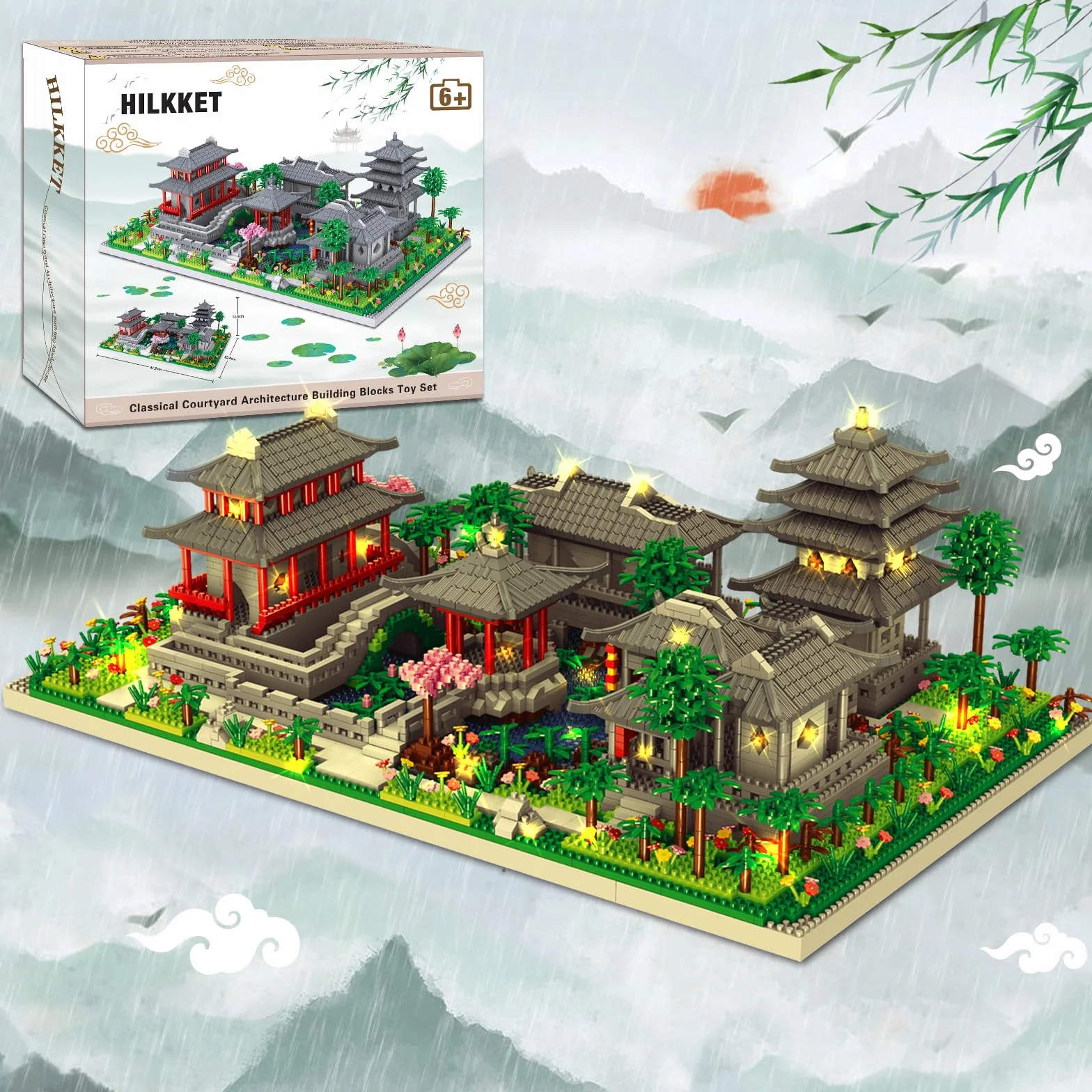 HILKKET Mini Architettura Cinese di Suzhou Garden, 3930 PCS Suzhou Garden Micro Mattoncini da Costruzione con Luci, Classico Cinese Suzhou Costruzioni per Casa Bonsai