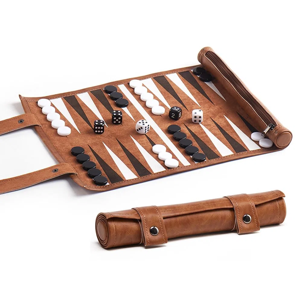 Backgammon da Viaggio, Set Backgammon in Vera Pelle con Pedine e Dadi, Gioco da Viaggio da Arrotolare per Adulti Adolescenti, Alta qualità