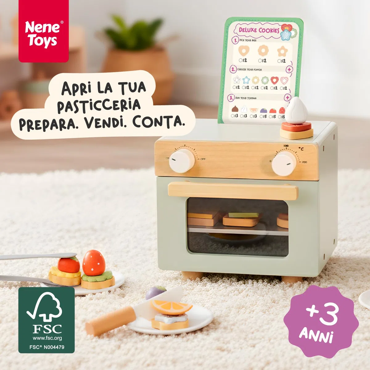 Nene Toys Pasticceria di Biscotti in Legno per Bambini 3+ Anni – Set Completo con Mini Forno, Menù & Soldi Finti – Gioco di Ruolo Educativo & Primi Calcoli – Regalo 3–6 Anni