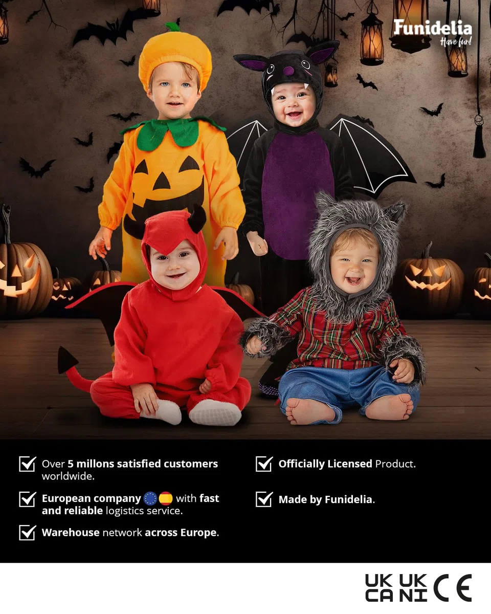 Funidelia Costume da Diavolo per Bebè con tutina, cappuccio, ali e coda, Tenuta da Demone, Costumi per Halloween e Carnevale