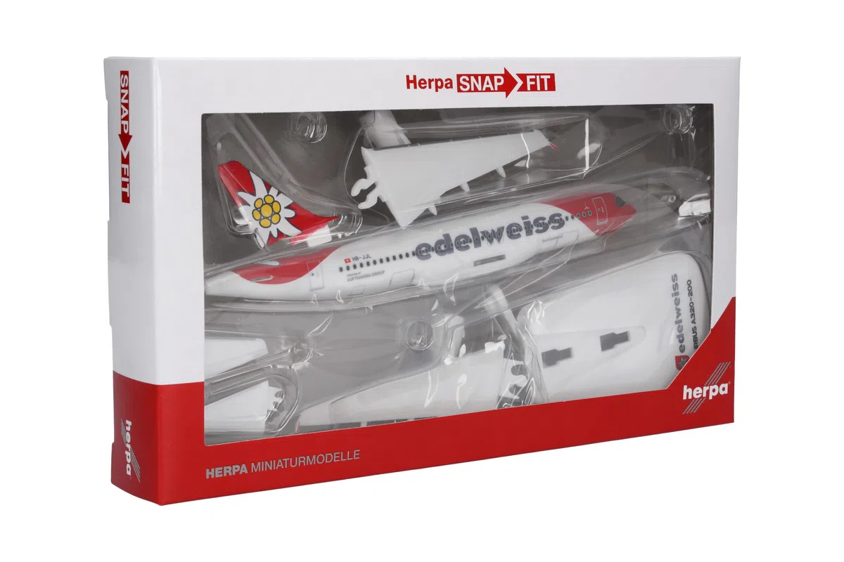 Herpa modello di aereo Edelweiss Air Airbus A320, scala 1:200 - Snap-Fit, pezzo da collezione, miniatura deco, statuetta con supporto in plastica