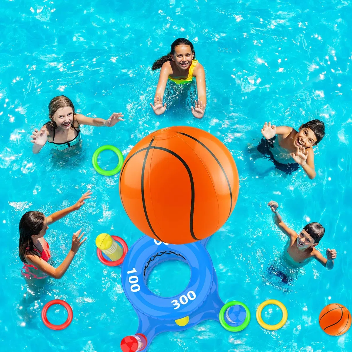Giochi Gonfiabili per Piscina, 2 in 1 Giochi d Acqua per Piscina, Canestro da Basket Galleggianti e Lancio Dell'anello, Estate Esterno Piscina Festa Giochi per Bambino Adulto