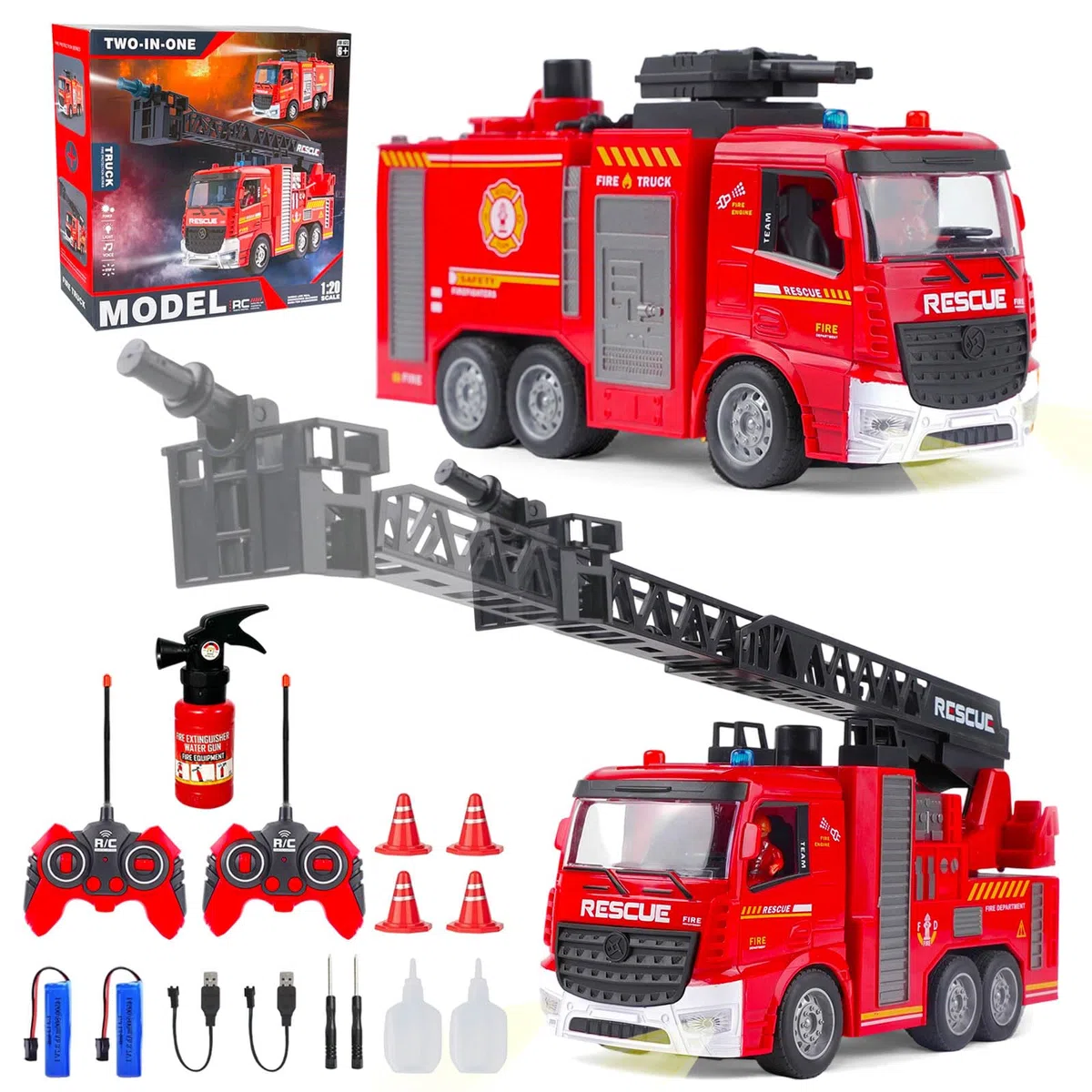 HILKKET 2 Camion Pompieri Giocattolo, Camion Pompieri Telecomandato con Luci, Suoni, Scala e Pompa Dell'acqua, con 2 Pompieri, 4 Secchielli e 1 Estintore