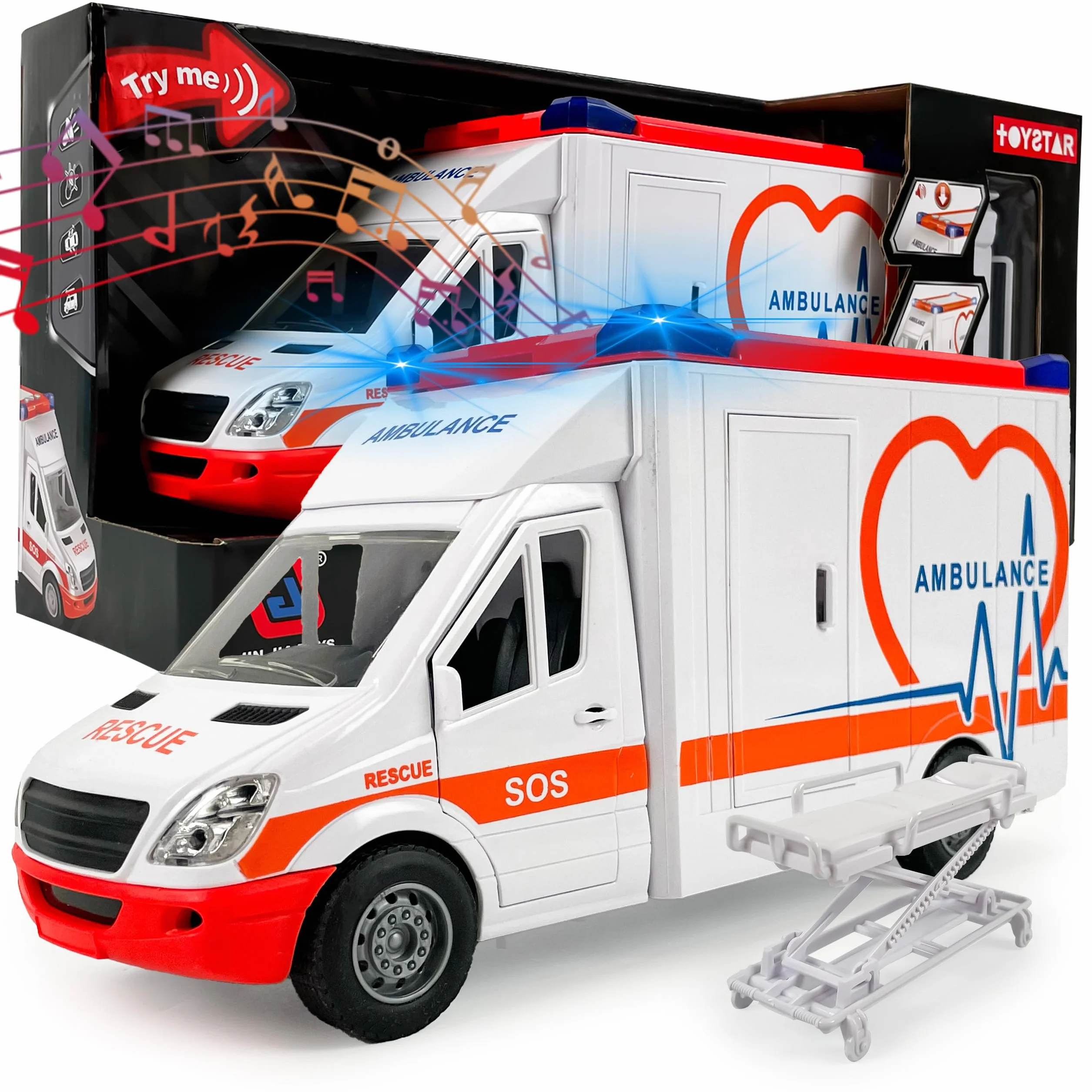 CELMAN Ambulanza giocattolo ambulanza ambulanza con barella, portellone apribile, luce e suono, grande auto giocattolo medico Responder per bambini dai 3 4 5 6 7 8 anni in su