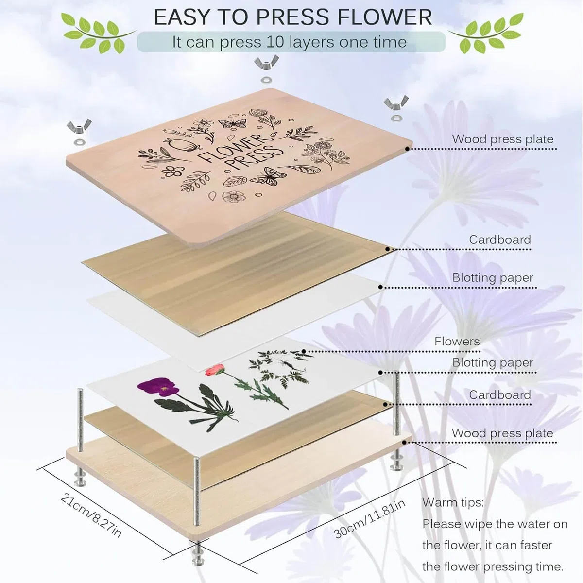 BOGEEL Pressa per fiori in legno per adulti e bambini, kit di stampa per fiori piccoli, stampa per foglie e piante, 18 x 18 cm
