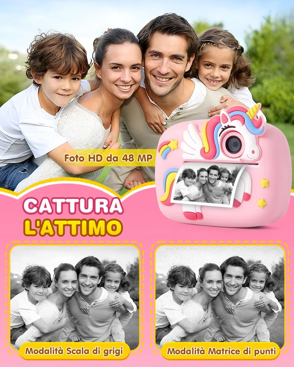 Macchina Fotografica Bambini Istantanea, 48MP 1080P Fotocamera Digitale Bambina con 32 GB e 4 Carta da Stampa, Regalo Gioco per Maschio e Femmina 3 4 5 6 7 8 9 10 11 12 Anni, Giochi Regali Compleanno