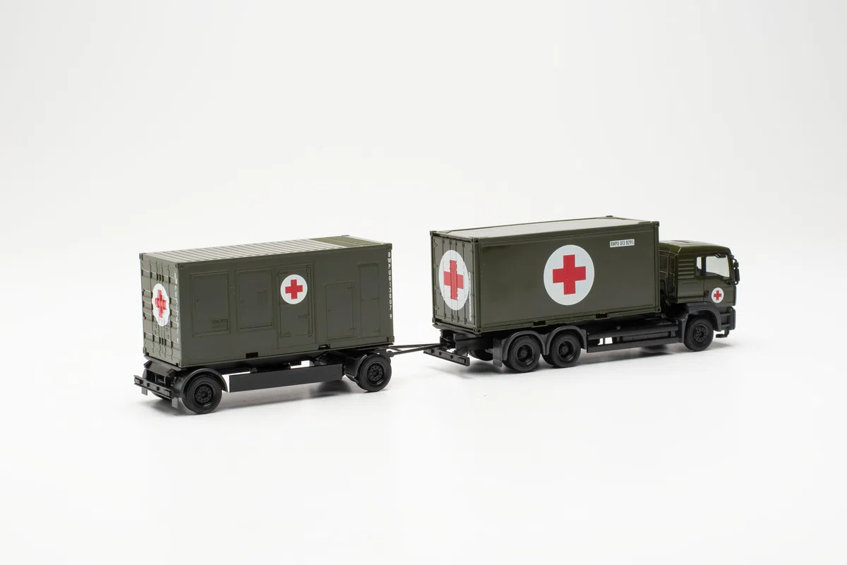 Herpa modello di camion MAN TGA L Container-Hängerzug "Bundeswehr/SAN", in scala 1:87, pezzo da collezione, modello tedesco, statuetta plastica