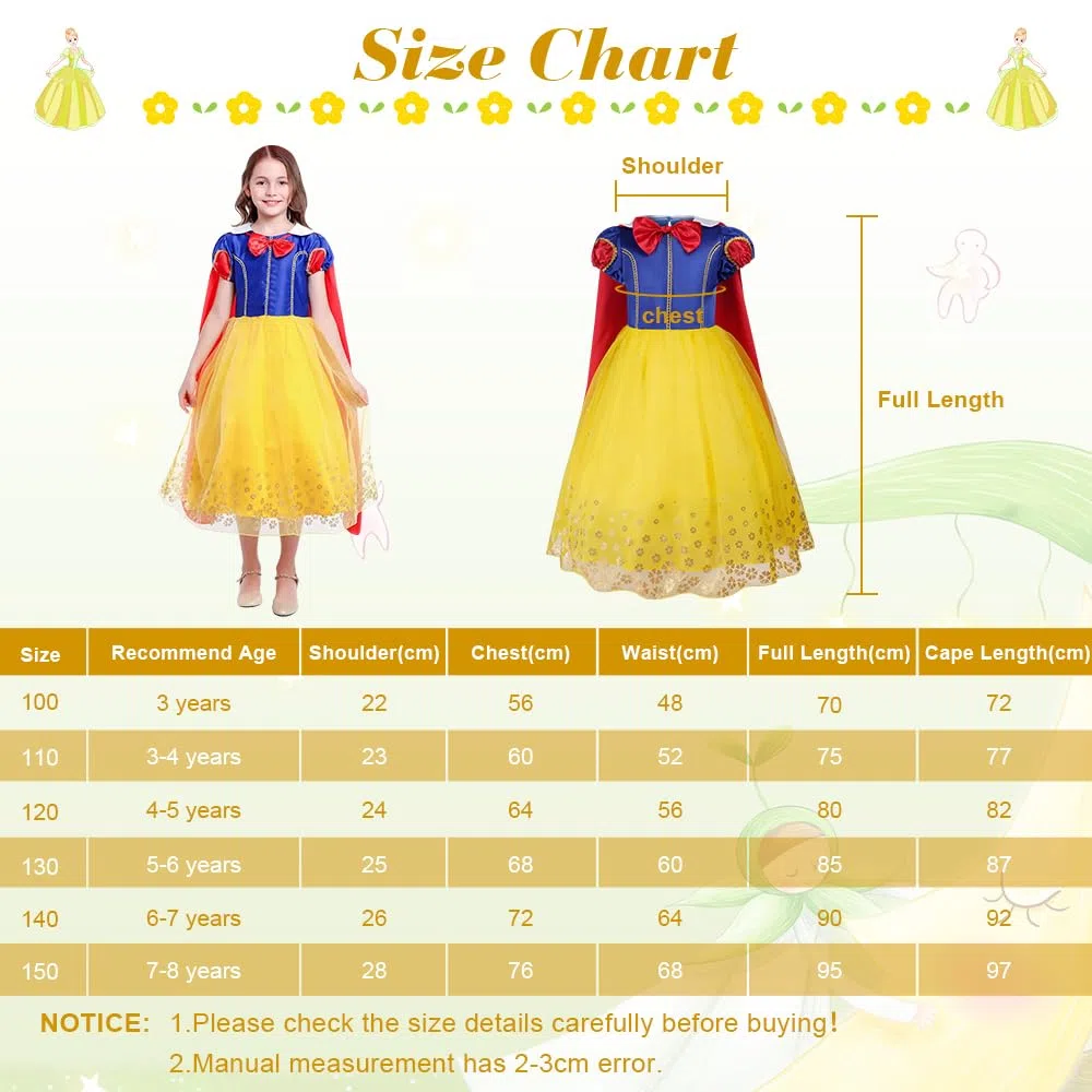 Aomig Snow Principessa Vestito, Snow Bianco Costume Principessa Carnevale Costumi con Corona e Scettro Principessa Bambina, Bianco Neve Costumi con Mantello per Ragazze Natale Halloween Cosplay,120cm
