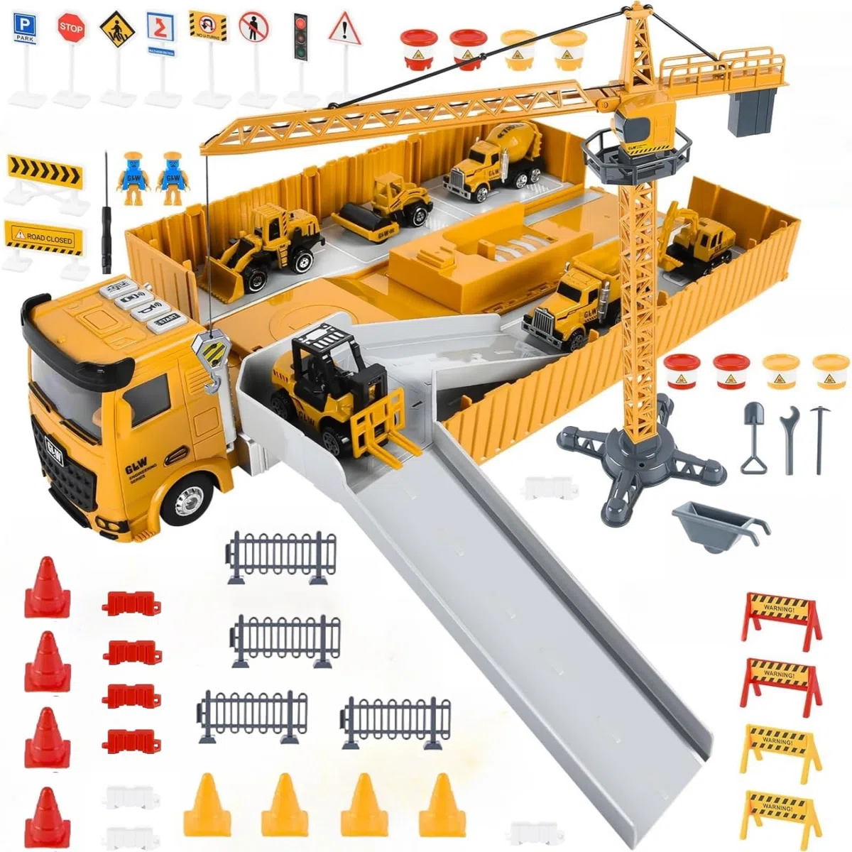 Camion da Cantiere Giocattolo per Bambini con Escavatore Costruzione Torre Gru Effetti di Musica Luce Camion Betoniera Veicoli da Cantiere