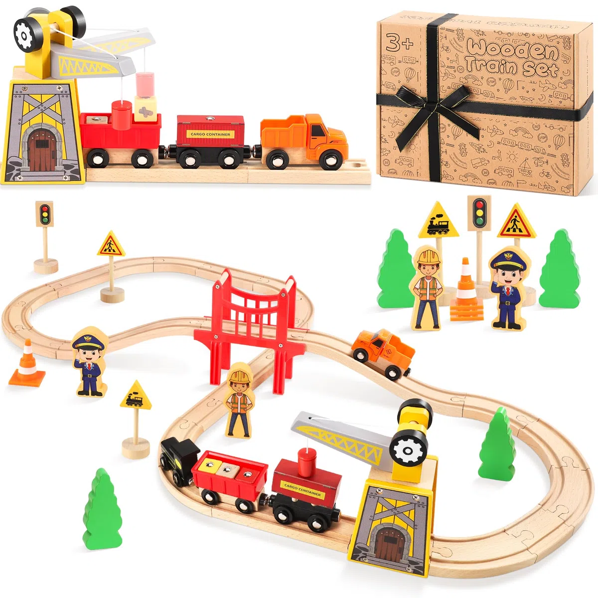 COOLJOYA Set di treni in legno, 39 pezzi di binari in legno per bambini, giocattoli in legno per bambini di 2 3 4 5 anni, il miglior regalo per ragazzi e ragazze per Natale