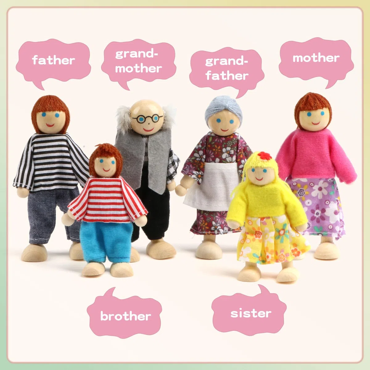5 Set di accessori per mobili per casa delle bambole con una famiglia di 6 bambole Decorazione Giochi di finzione per ragazze e ragazzi, in Legno