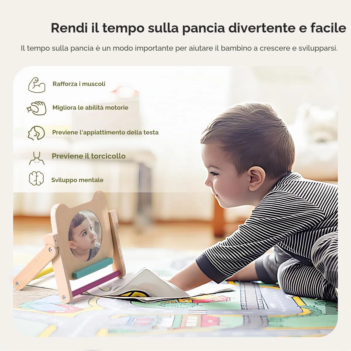 WOODEN TEETHER Specchio per Bambini - Specchio Montessori per Neonati con 120 Pagine di Carte Visivamente Stimolanti, Giocattolo in Legno per Pancia-Tempo, Giocattolo Montessori per Neonati 0 3 6 12
