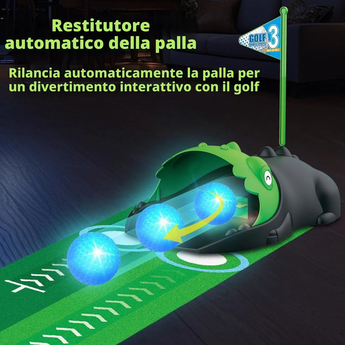 TERRAMUS Set da Golf 3 in 1 per Bambini con Ritorno Automatico Golf Dinosaursco, Tavolo da Golf Cornhole,Palline Luminose al LED,Tappeto per Il Putting,Mini Giochi di Golf,Regalo per Bambini 3-8 Anni