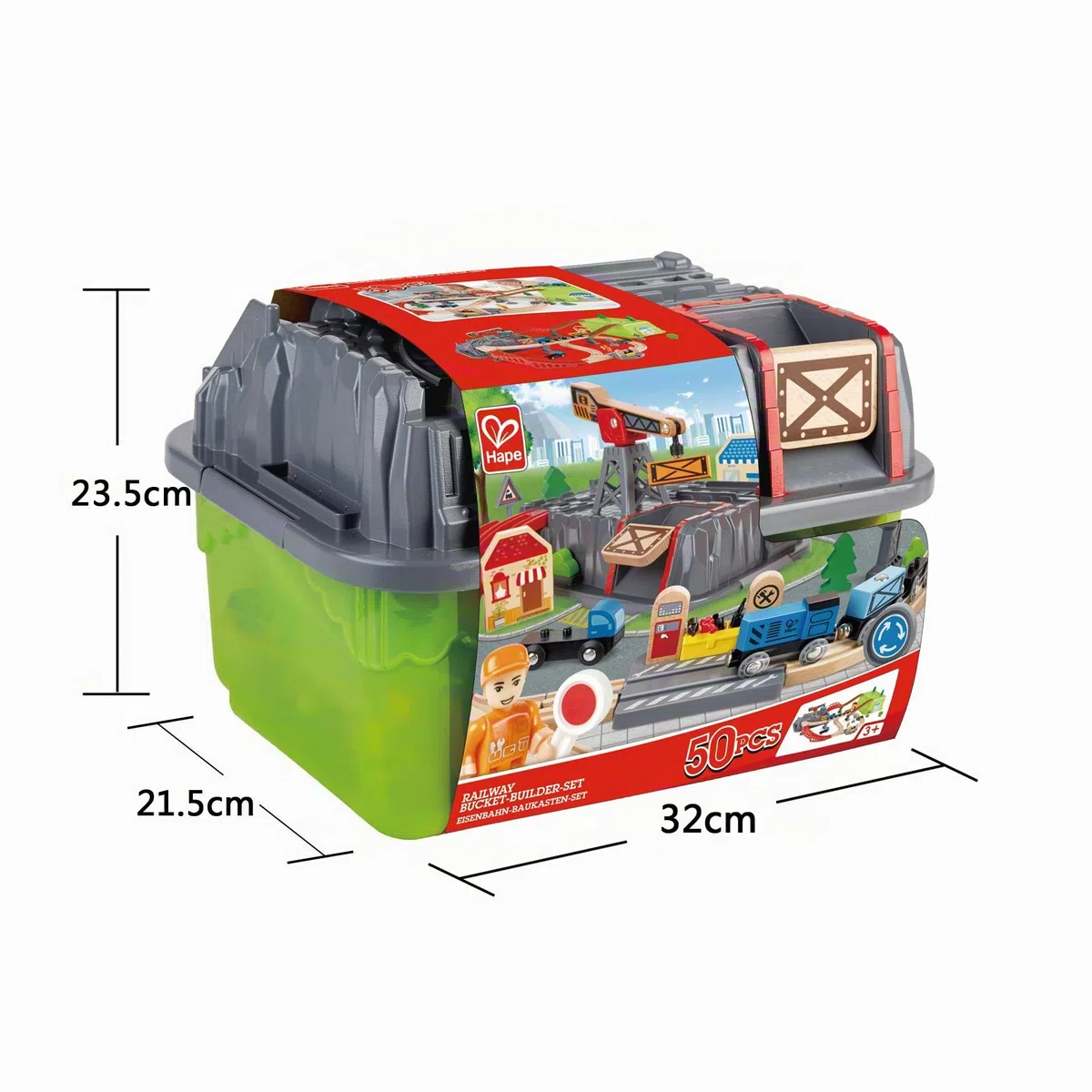 Hape Set costruzioni ferroviarie da 50 pezzi | Con trenini, gru magnetica e passaggio a livello | Giocattolo per bambini dai 3 anni