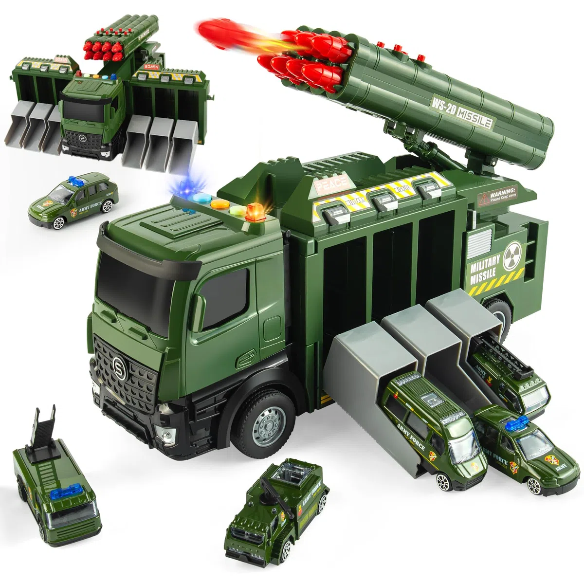 Camion Militare Giocattolo，Giocattoli Militari per Ragazzi con 8 Missile,Luci e Suoni,Set di Giocattoli Militari con 6 Veicoli,Giocattoli Militare adatti a Bambini di età Superiore ai 3 Anni