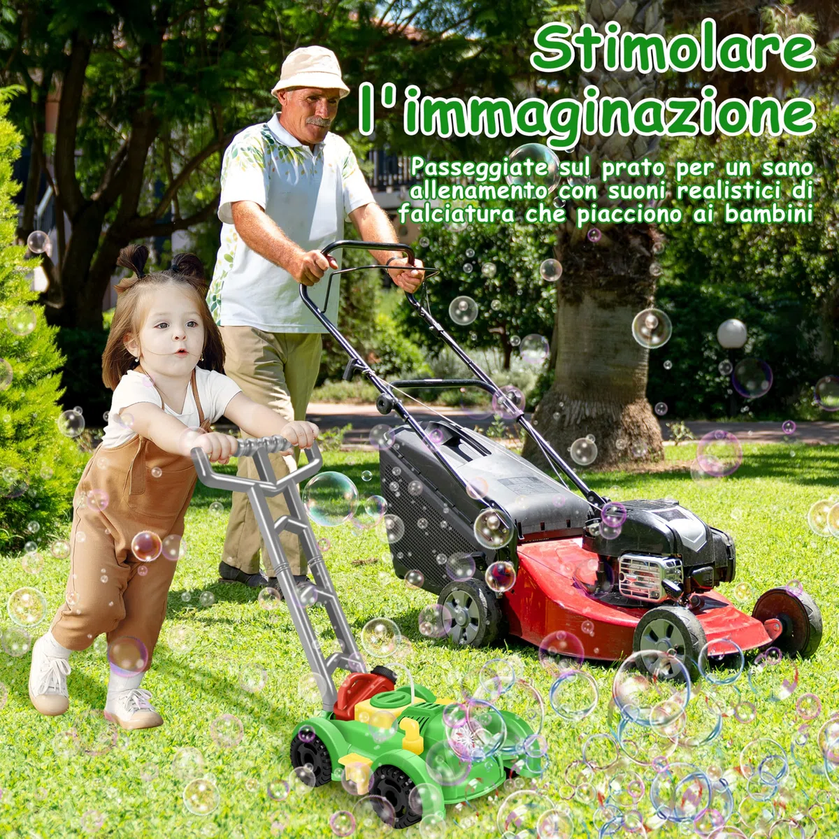 Herefun Tosaerba a Bolle per Bambini, Macchina Automatica per Soffiatore di Bolle, Giocattoli Estivi da Giardinaggio All'aperto, Regali per Bambini di Oltre 3 Anni (Verde)