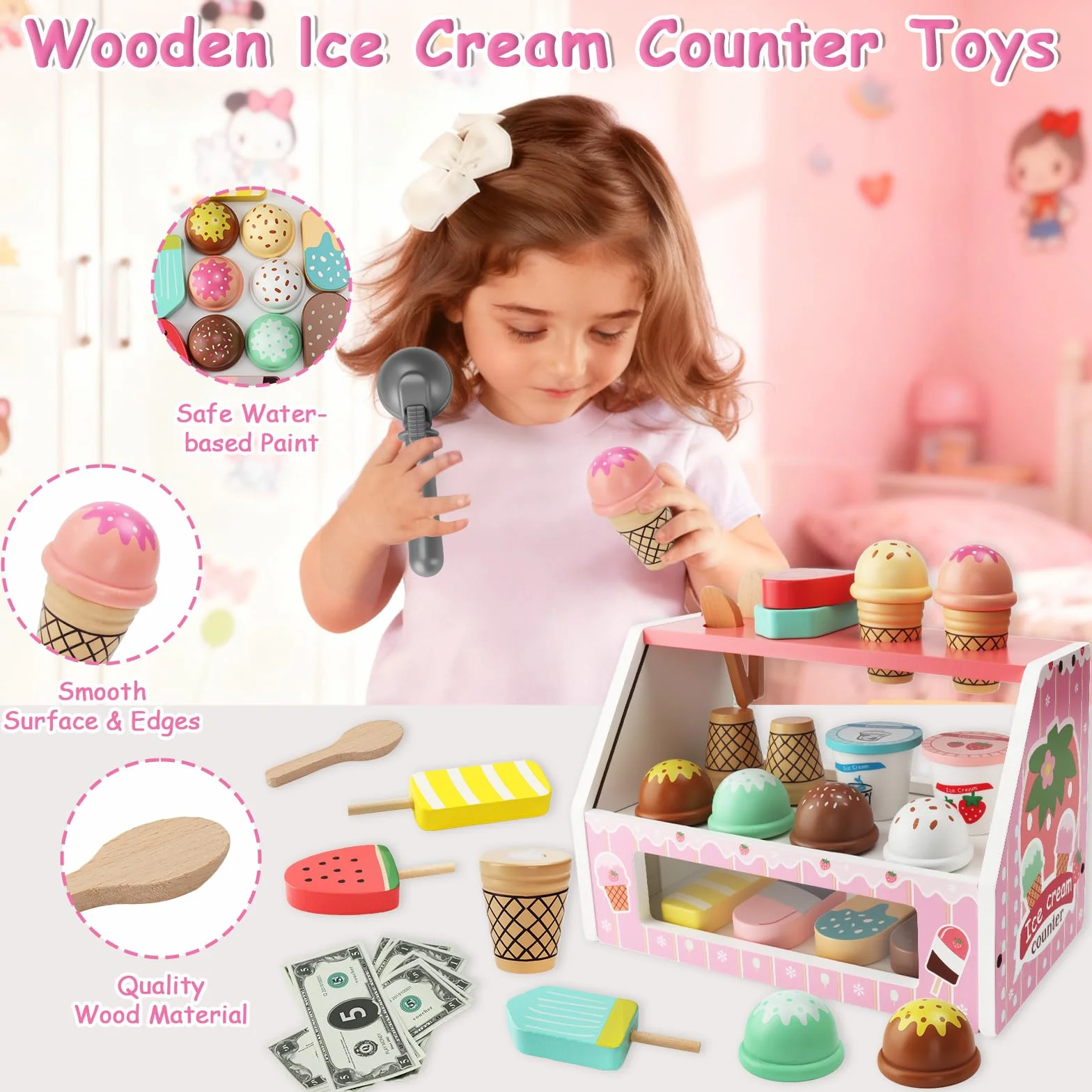Gelateria Giocattolo per Bambini,Giocattolo per Gelato in Legno,Montessori Gioco di Ruolo Educativo Regalo per Bambinis,Gelateria Giocattoli in Legno per Bambini da 3 4 5 6 Anni Ragazzi Ragazze