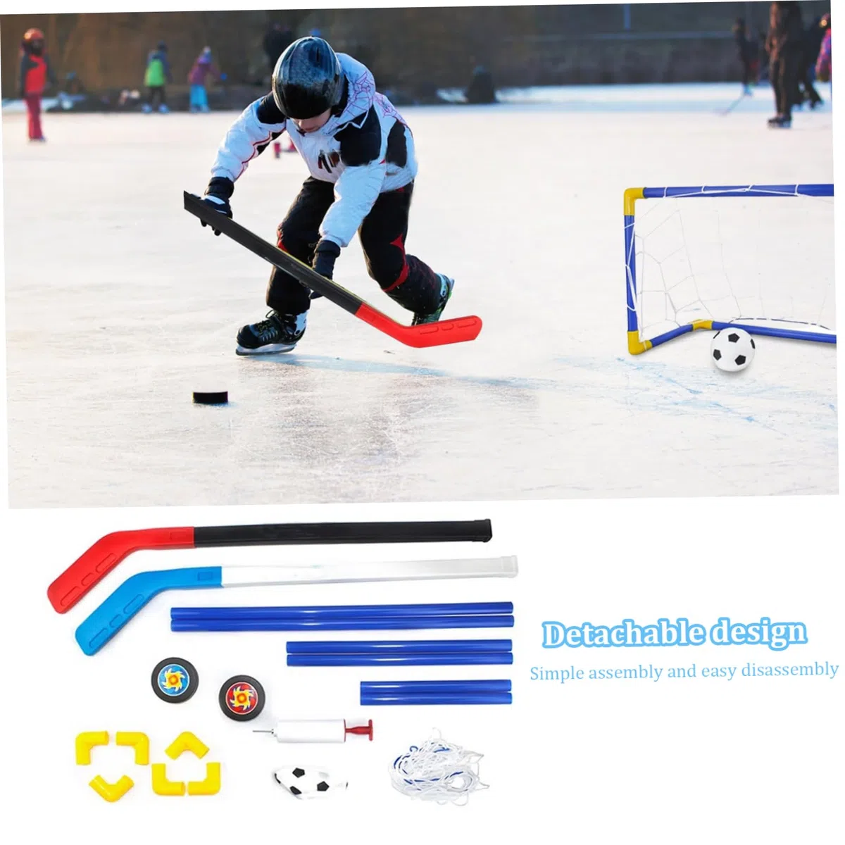 Mini Set da Calcio per Hockey, 2 in 1 con Pompa a Sfera con Bastoncini per Rete per Giochi per Bambini all'aperto