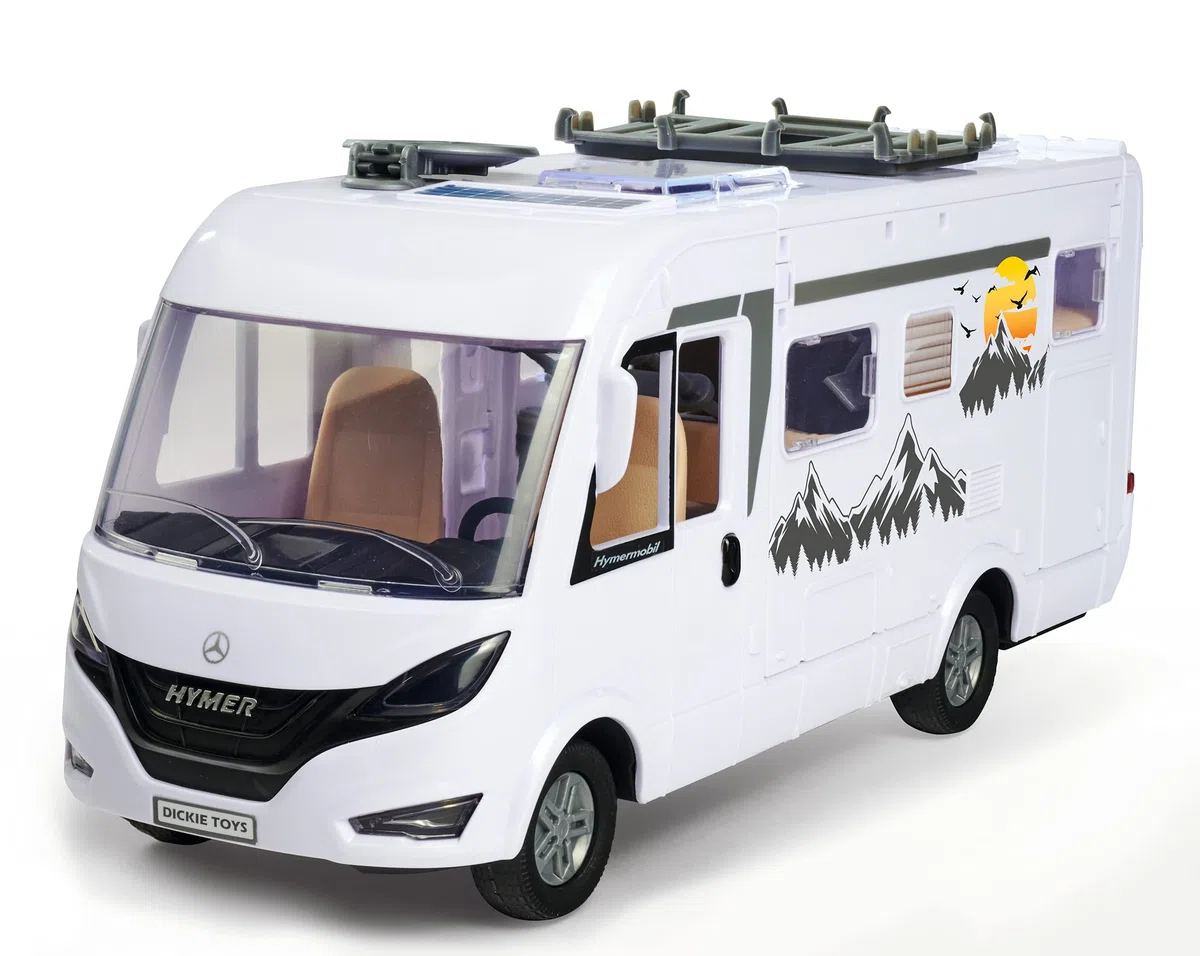 Dickie Toys - Playlife Camper Set, Hymer B-Class Motorhome, con pannello, porta laterale, gavone e tetto apribili, Incluso personaggio, E-Bike, BBQ con luci, paddling, tavolo con sedia