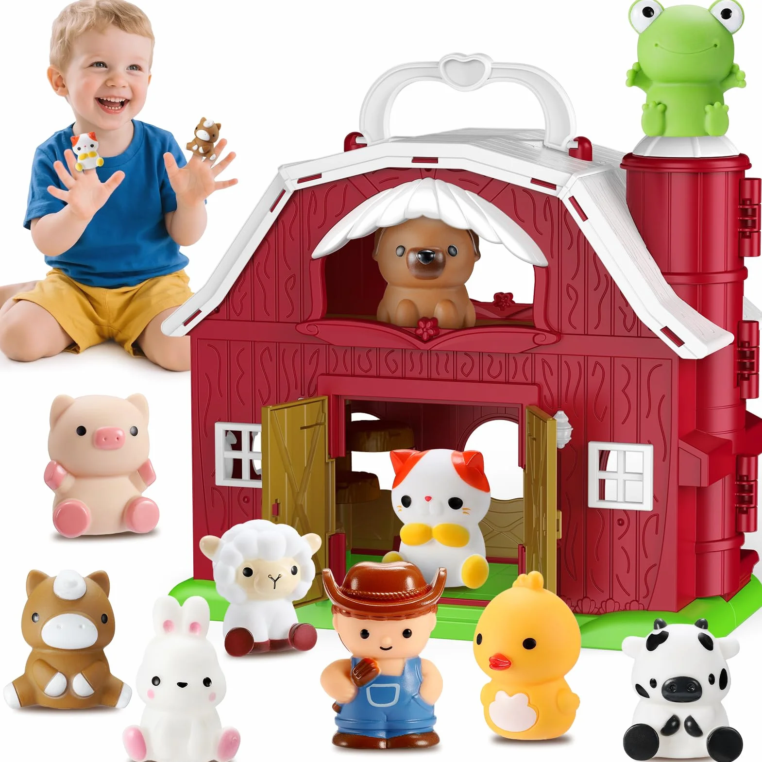 HappyKidsClub Giochi Fattoria Montessori per Bambini 1-4 Anni, Set Fienile Apribile con 9 Animali & Contadino - Giocattoli Educativo Portatile per Bambino - Idea Regalo Bambini 1 2 3 4 anni (Cartoon)