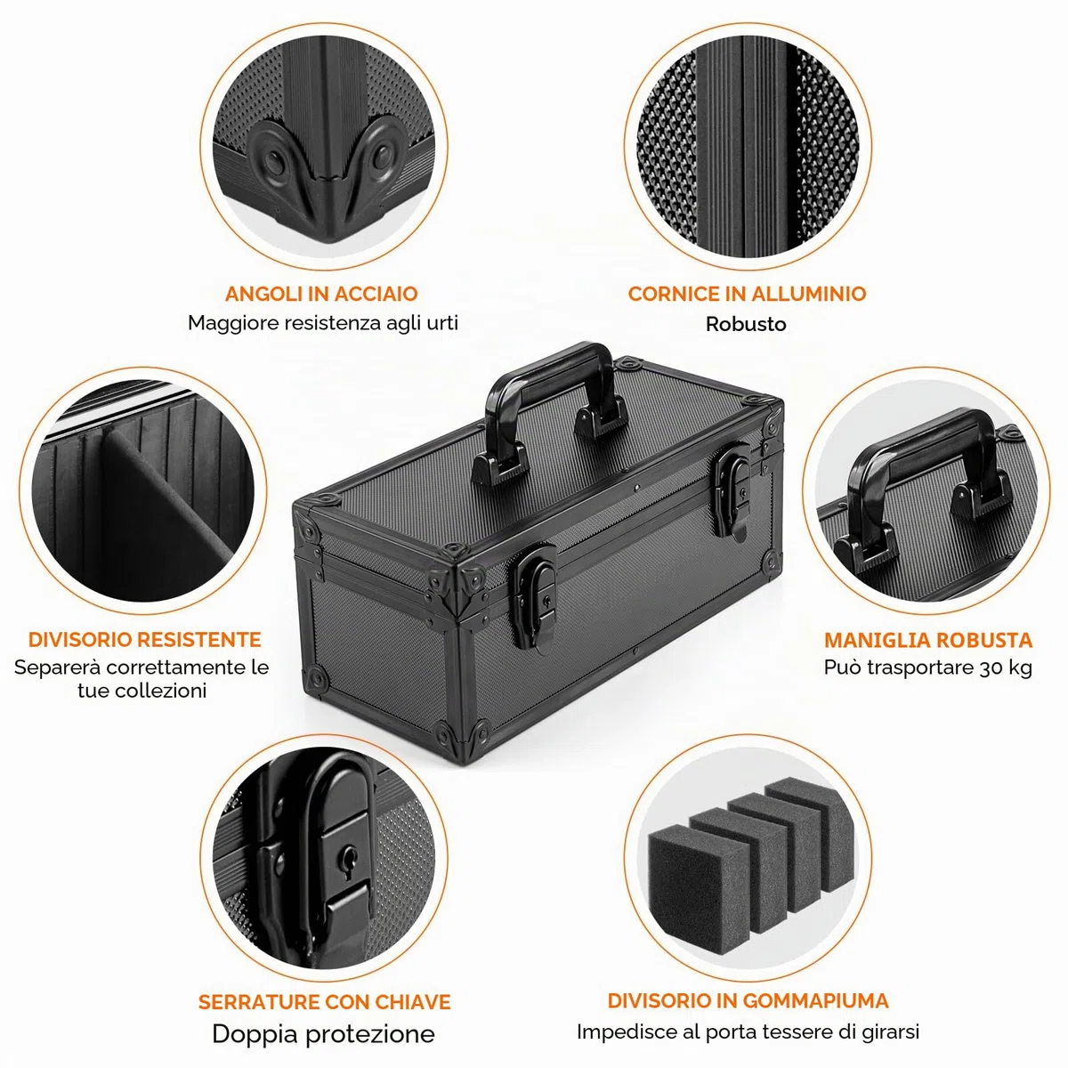 Scatola Porta Top Loader, Valigetta Carte Gradate con Lucchetti a Chiave, Trading Card Holder Box per 300+ Top Loaders, 76 One Touch (35pt), 48 PSA/GMA, 43 CSG, 41 SGC, 36 HGA