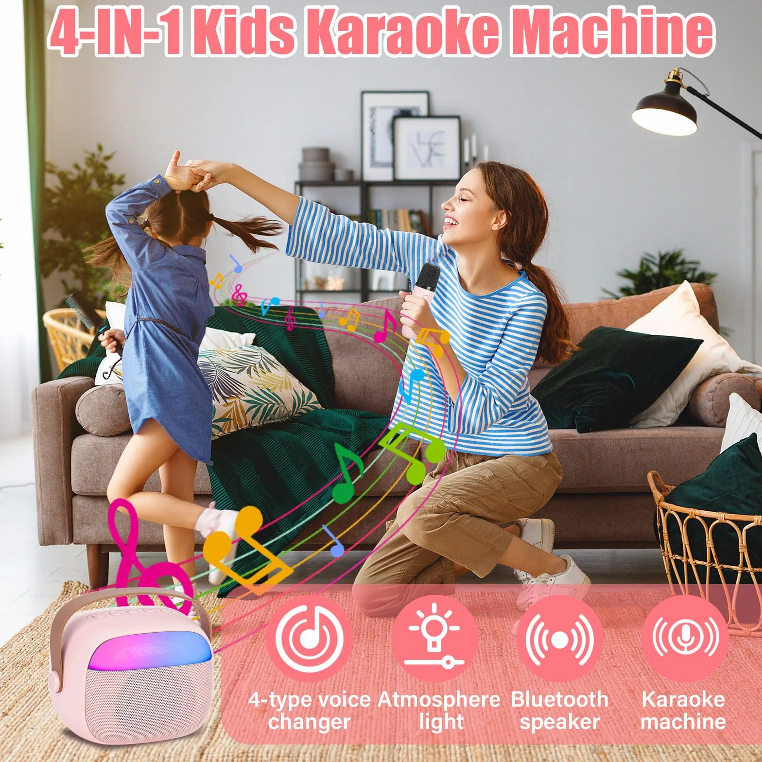 Karaoke per Bambini e Adulti con 2 Microfoni Senza Fili Bluetooth, Macchina Karaoke Portatile con Luce LED ed Effetti di Cambio Voce, Regali per Bambini da 3 a 18 Anni, Ragazzi e Ragazze